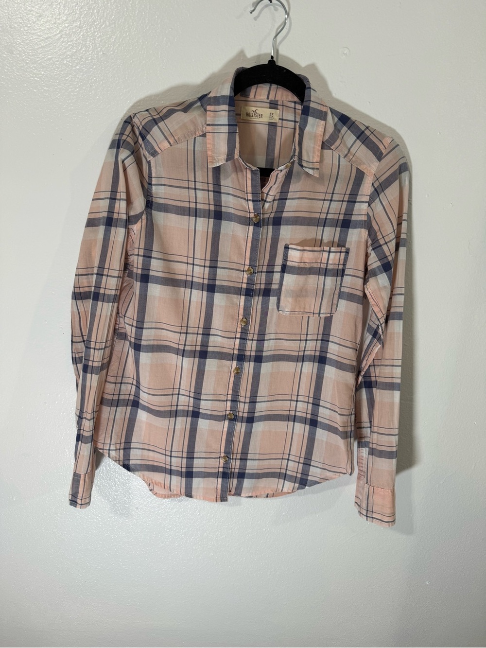 Hollister Peach and Navy Plaid Button-Down Shirt